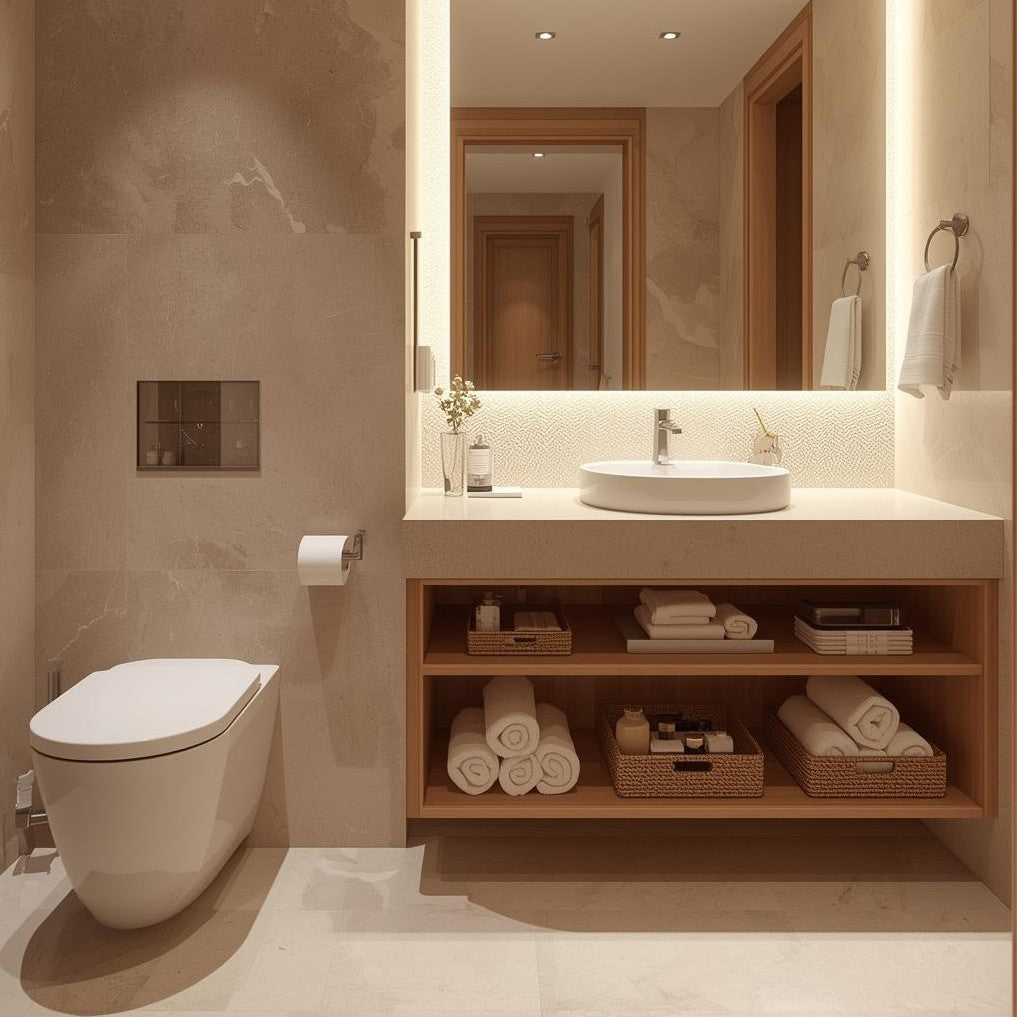 Under-sink bathroom storage solutions with white bins and baskets for toiletries and towels
