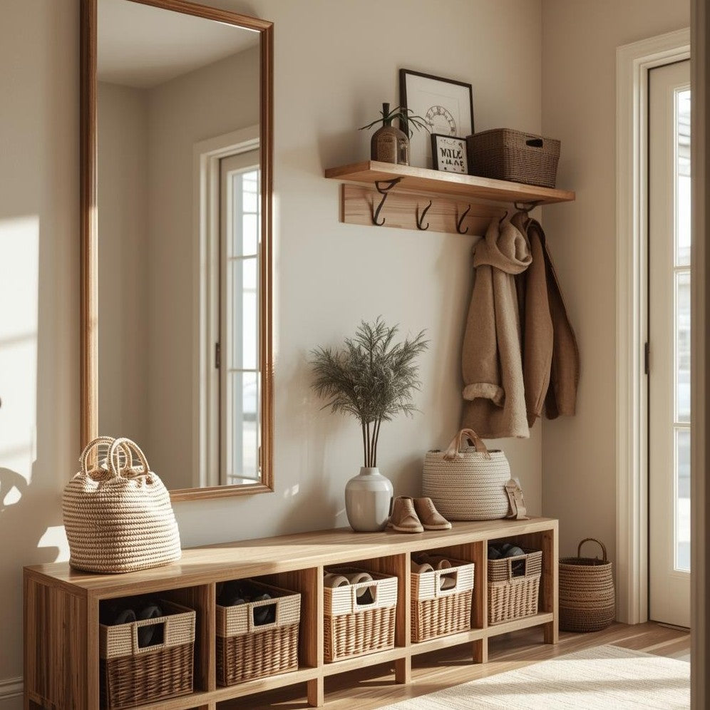 Small entryway shoe storage bench with coat rack and wicker baskets for efficient home organization