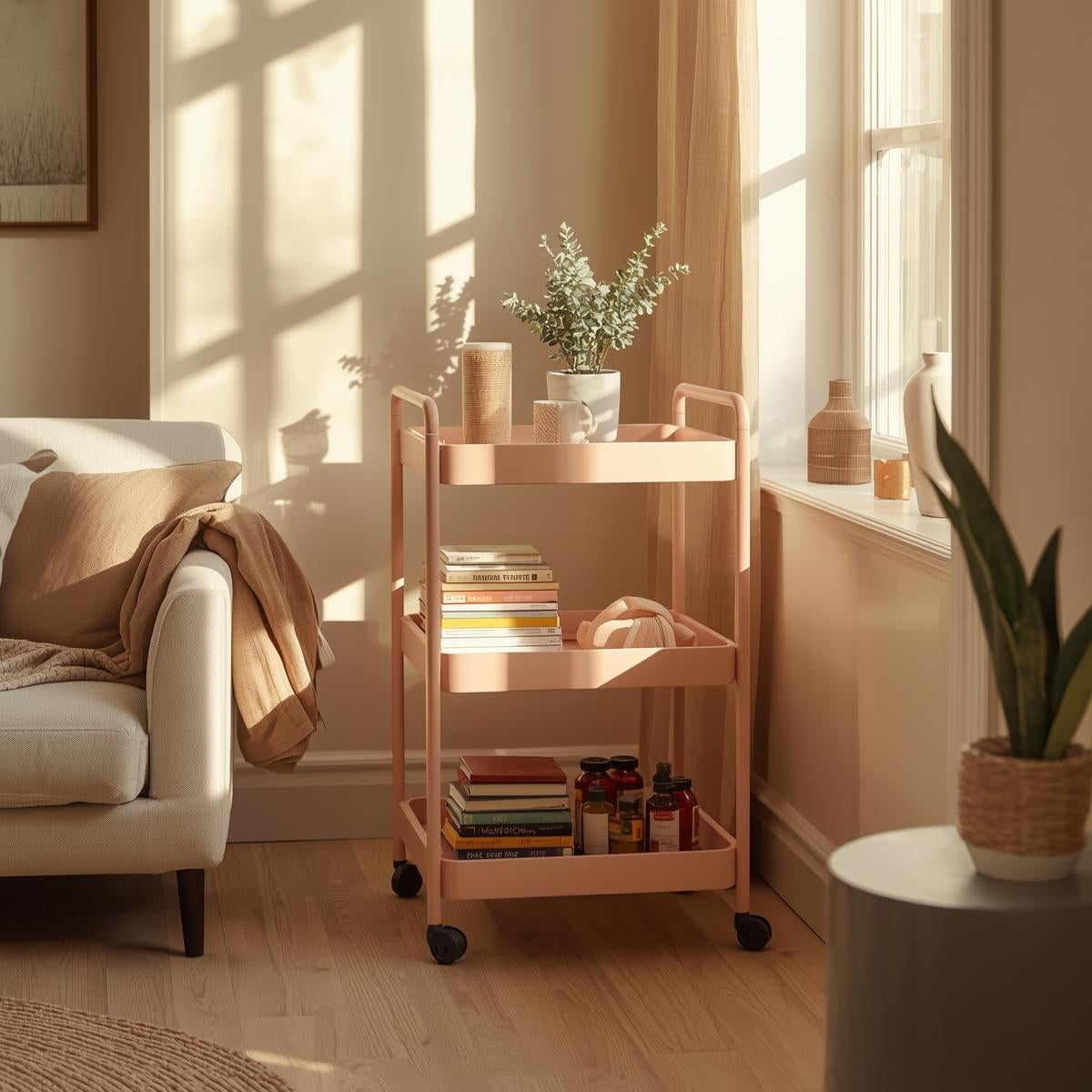 Soft blush rolling utility cart styled in a bright living room, holding books, snacks, and daily essentials near a sunlit sofa.