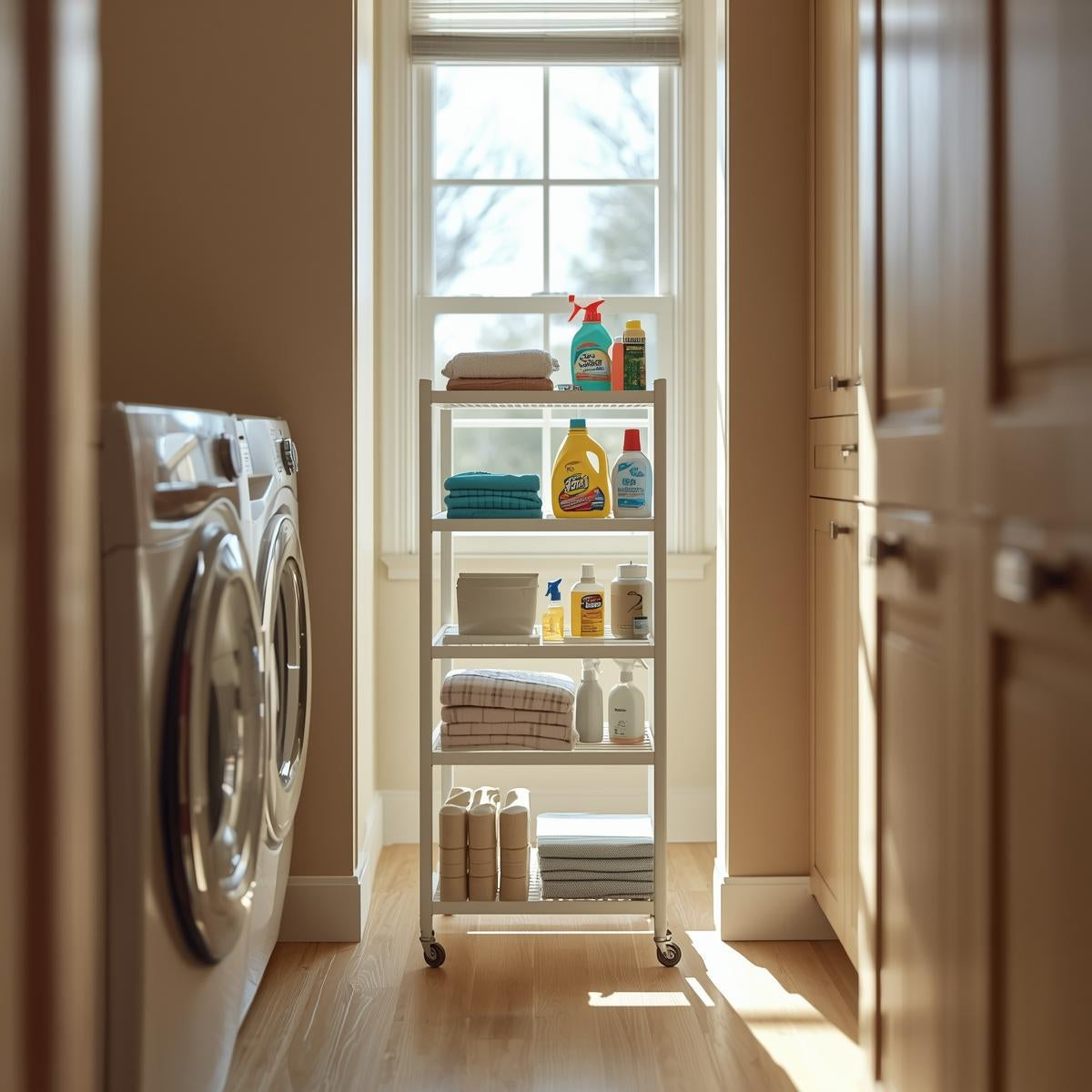Slim rolling laundry cart positioned between a washing machine and cabinets, holding laundry detergents and folded towels in a sunlit laundry room.