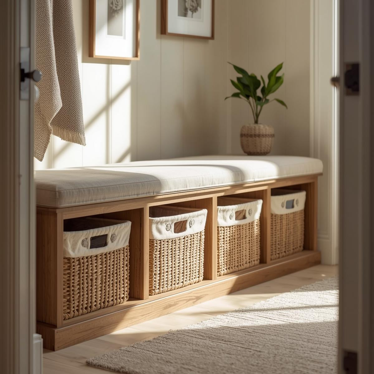 Rectangular storage baskets neatly placed under an entryway bench, organizing shoes and everyday items in a sunlit hallway.