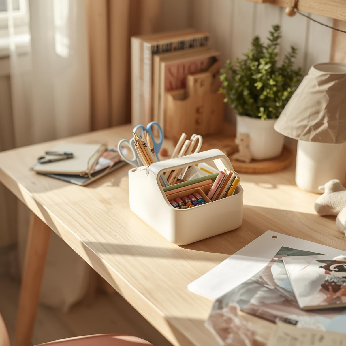 Kids art and craft supply caddy holding scissors, colored pencils, and markers on a sunlit kids’ desk.