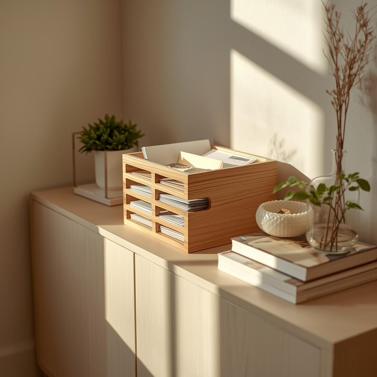 Mail sorter organizing letters and paperwork on top of a wooden entryway cabinet in natural daylight.