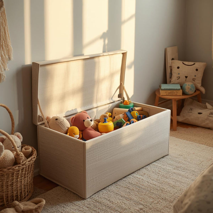 Large toy chest bin filled with stuffed animals and toys in a sunlit American kids’ bedroom. Spacious toy storage placed neatly beside a child’s bed in a calm playroom setting.
