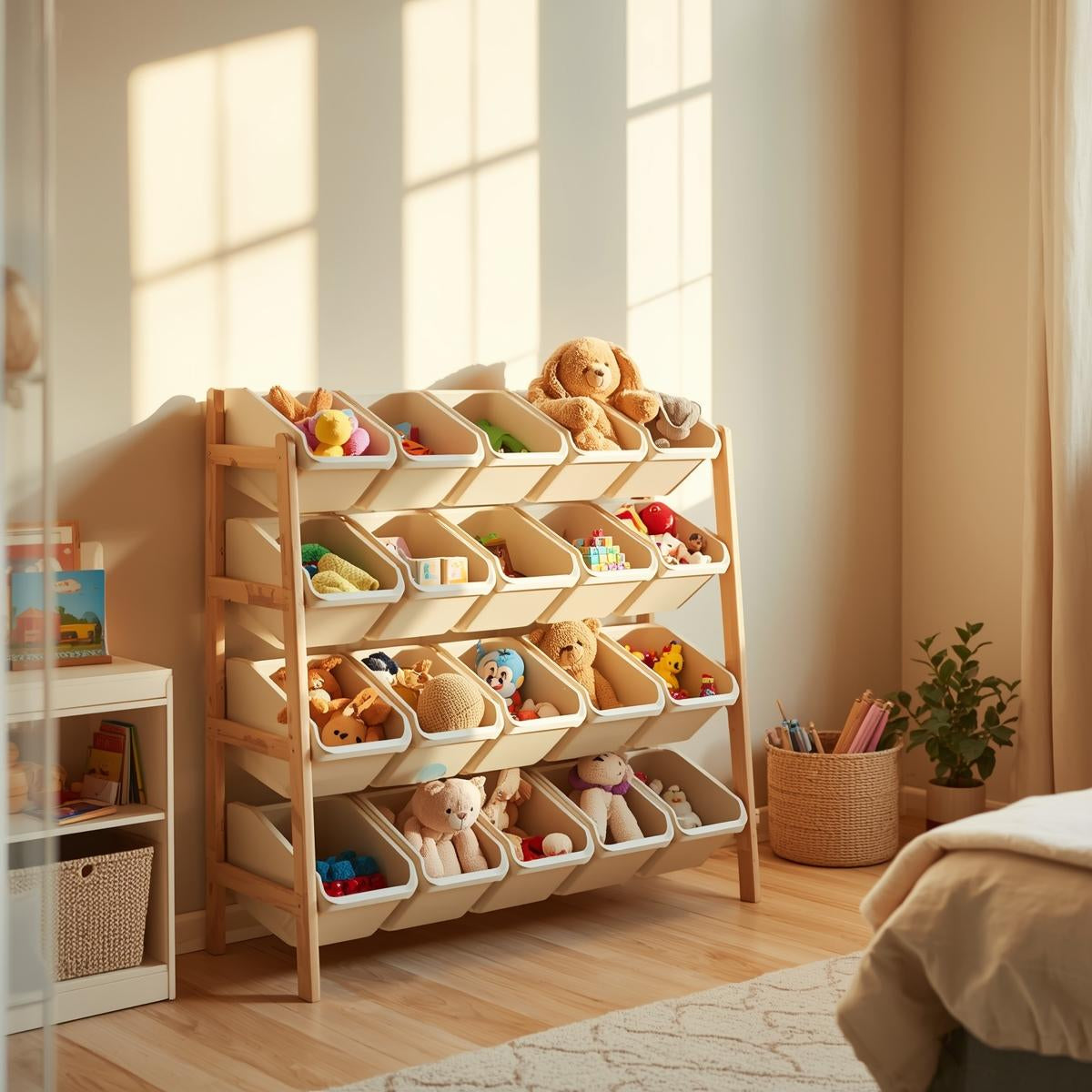 Open bin toy organizer holding stuffed animals and small toys in a sunlit kids’ bedroom. Wooden frame toy storage unit placed against a wall in a calm, organized playroom setting.