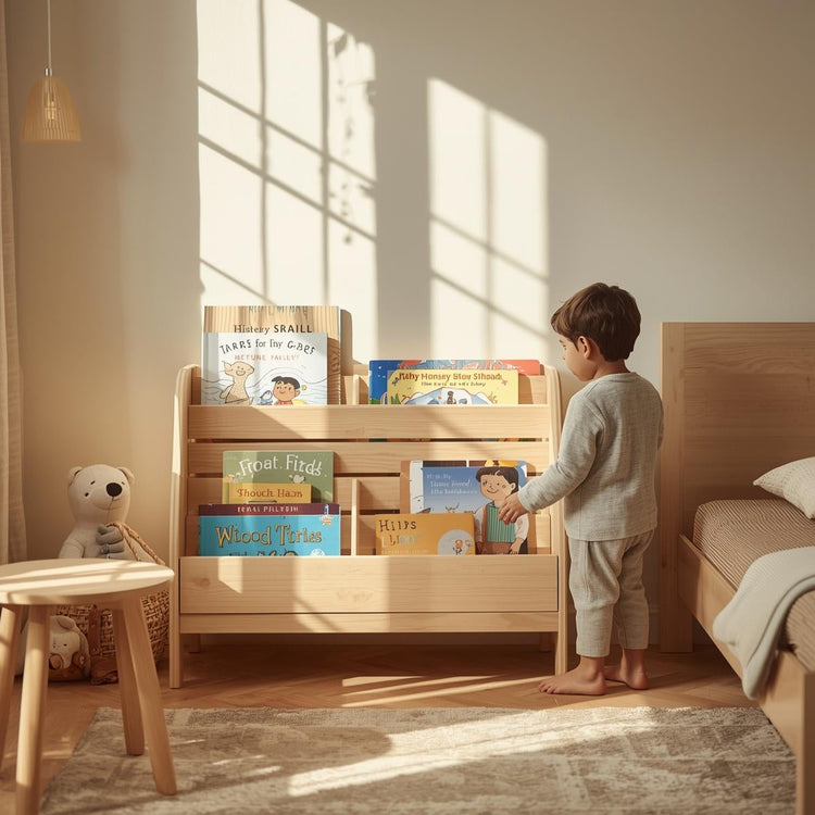 Front-facing wooden kids book display rack with picture books in a sunlit children’s bedroom, with a toddler nearby.