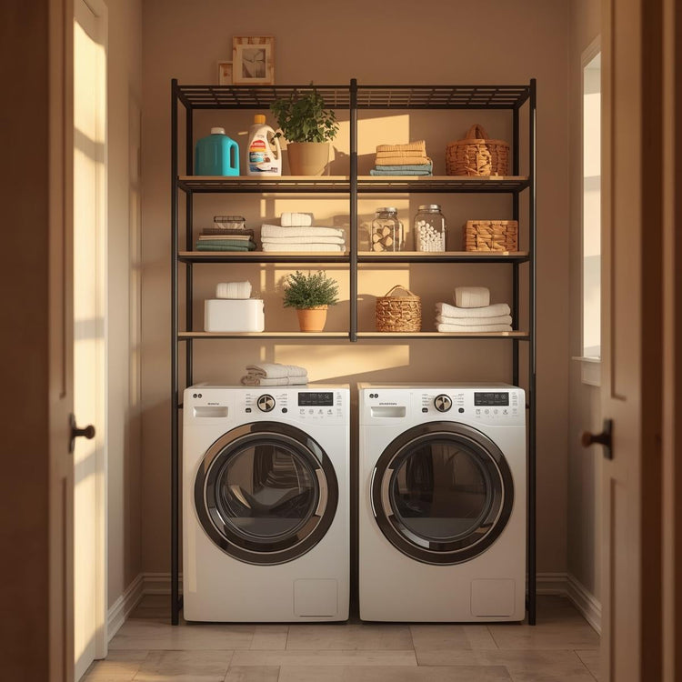 Over-the-washer shelving unit organizing detergent containers, folded towels, and laundry supplies above a washer and dryer in a sunlit laundry room.