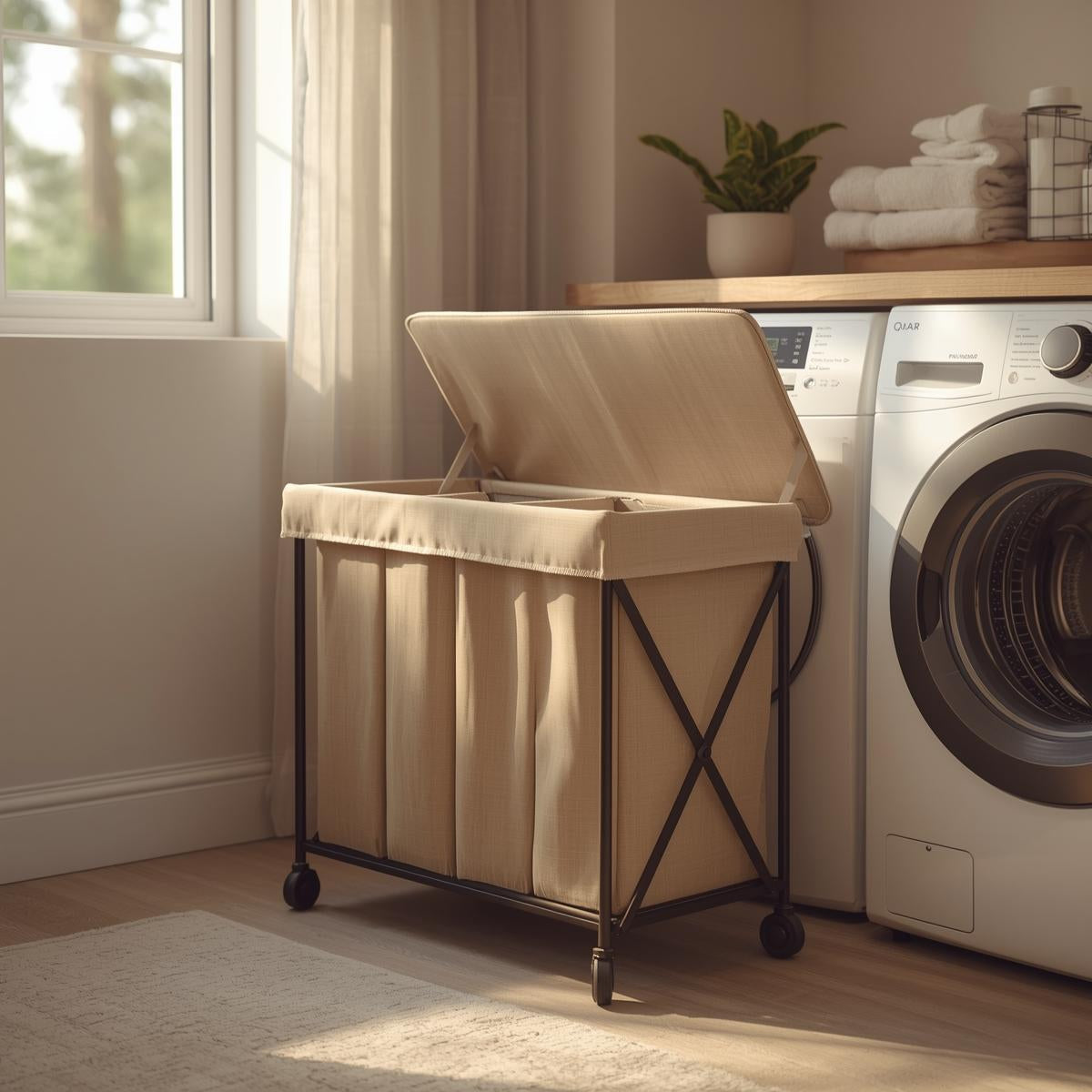 Multi-section laundry sorter with divided fabric compartments placed beside a washer in a sunlit laundry room.