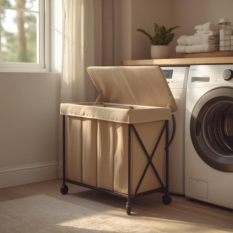 Multi-section laundry sorter with divided fabric compartments placed beside a washer in a sunlit laundry room.