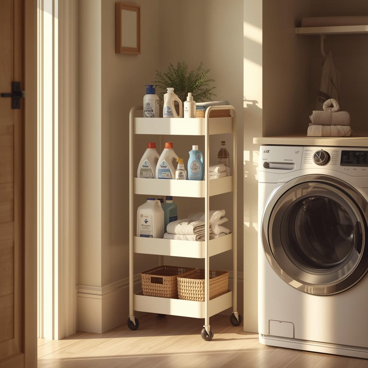 Four-tier utility cart holding laundry detergents and cleaning supplies beside a washer in a sunlit laundry room.