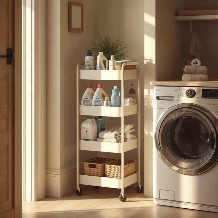 Four-tier utility cart holding laundry detergents and cleaning supplies beside a washer in a sunlit laundry room.