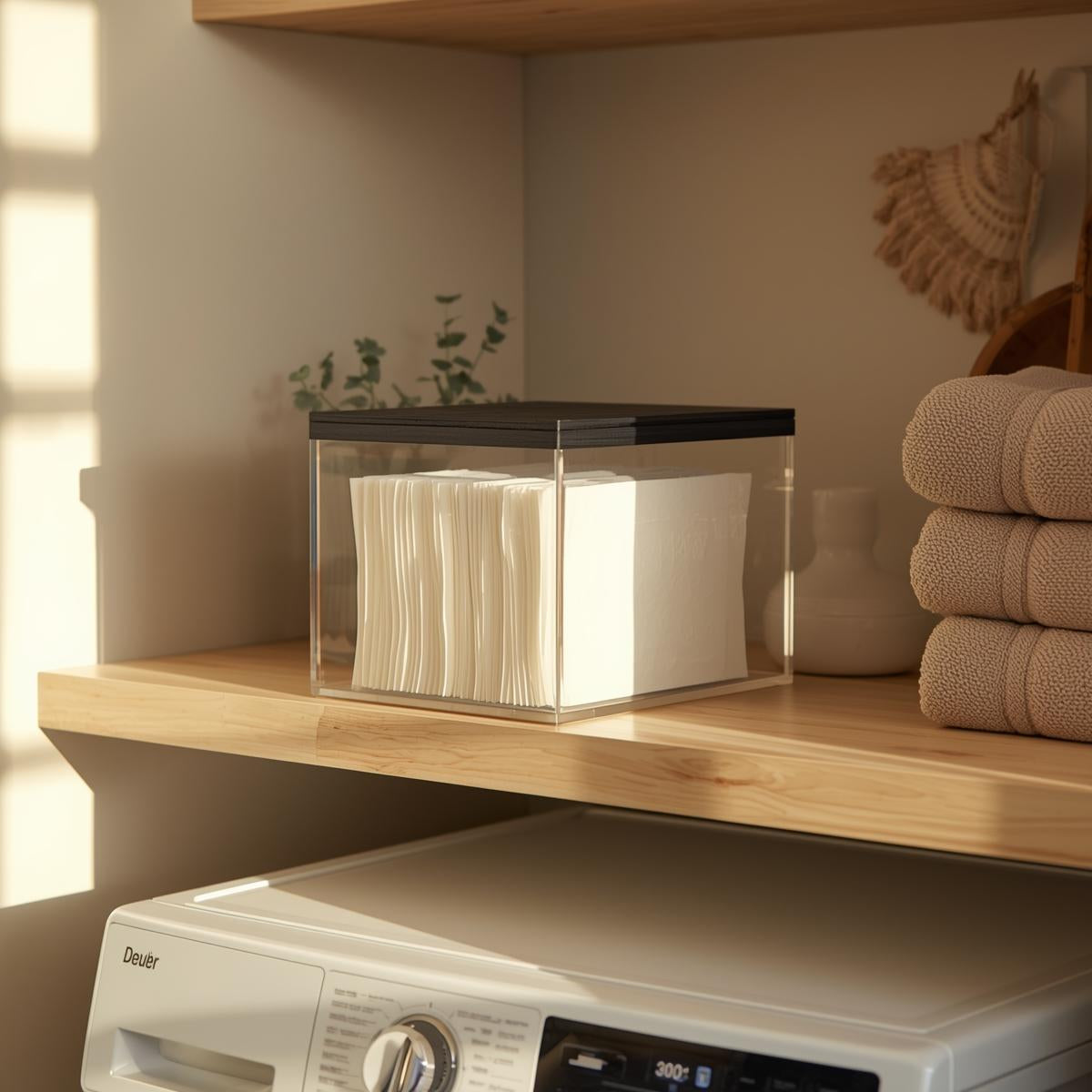 Minimal dryer sheet holder with stacked white sheets on a sunlit laundry room shelf beside folded towels.