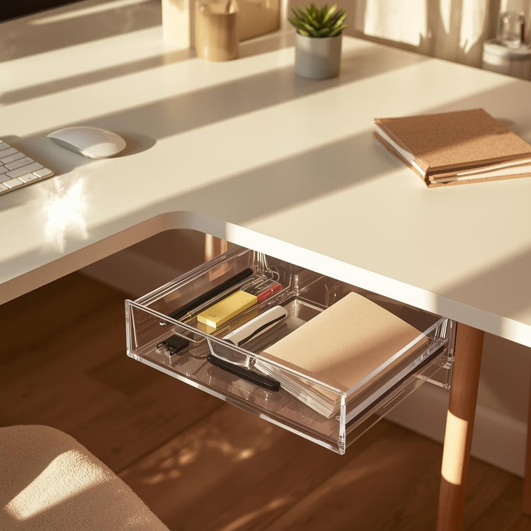 Clear acrylic under-desk sticky drawer attached beneath a white desk, holding pens and small office supplies in a sunlit home office.