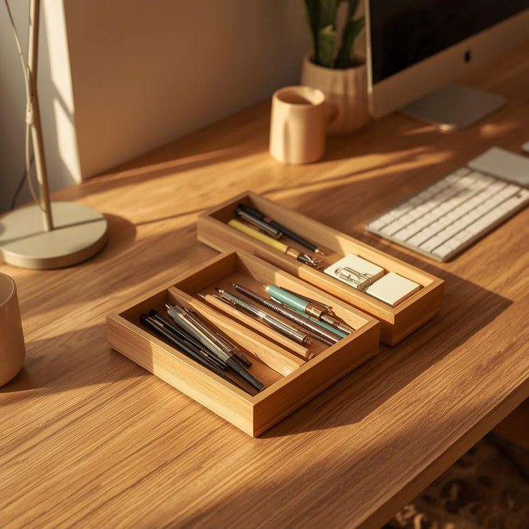 Wooden stationery trays holding pens, paper clips, and notebooks on a sunlit home office desk.