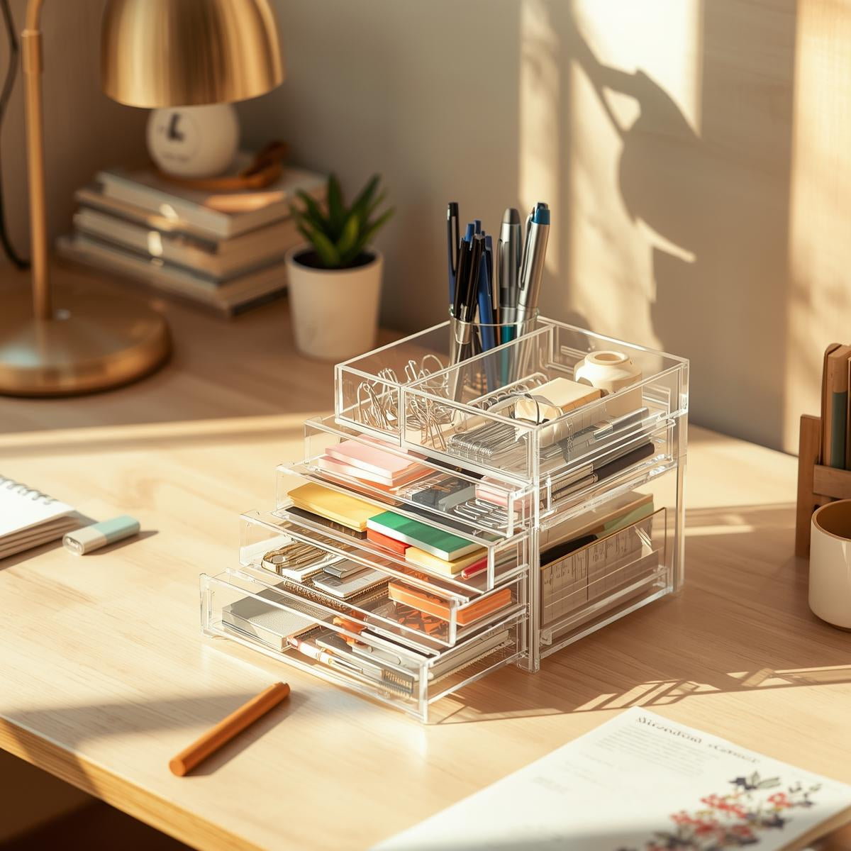 Clear acrylic desktop drawer organizers holding pens, sticky notes, and notebooks on a sunlit home office desk.
