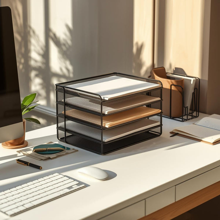Horizontal desktop file sorter with layered trays holding documents and folders on a sunlit home office desk.