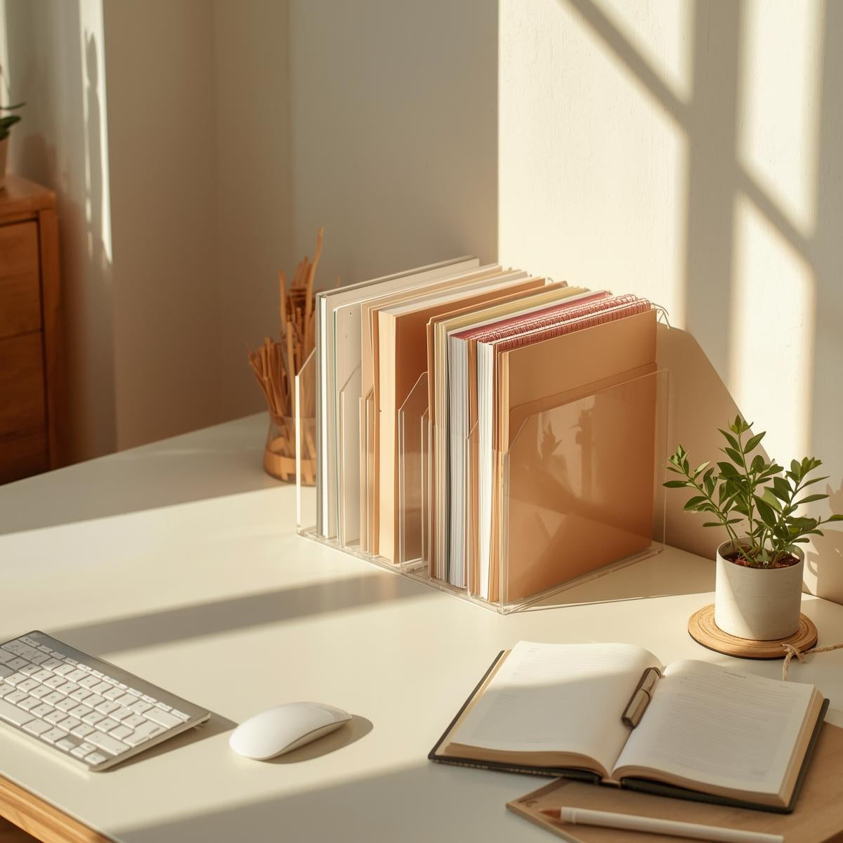 Vertical document holders organizing notebooks and folders upright on a sunlit home office desk.