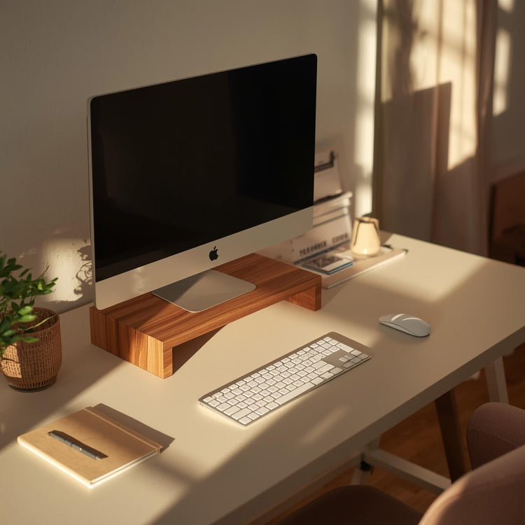 Wooden monitor riser supporting a desktop monitor on a sunlit home office desk, styled with a keyboard and mouse in a calm workspace.