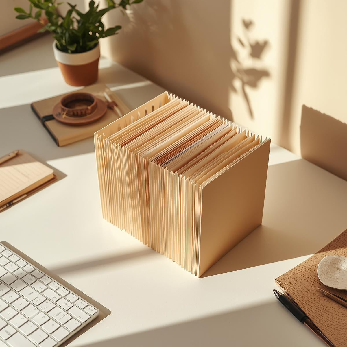 Expanding accordion file folder holding organized documents on a sunlit white home office desk. Foldable document organizer partially expanded for easy file sorting and access.