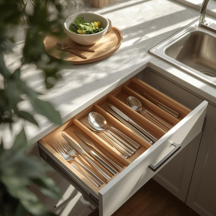 Utensil and cutlery trays neatly arranged inside a kitchen drawer, organizing forks, knives, and spoons for everyday kitchen use.