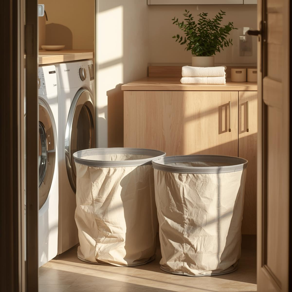 Collapsible laundry baskets placed beside a washer and dryer in a sunlit laundry room with folded towels and neutral decor.