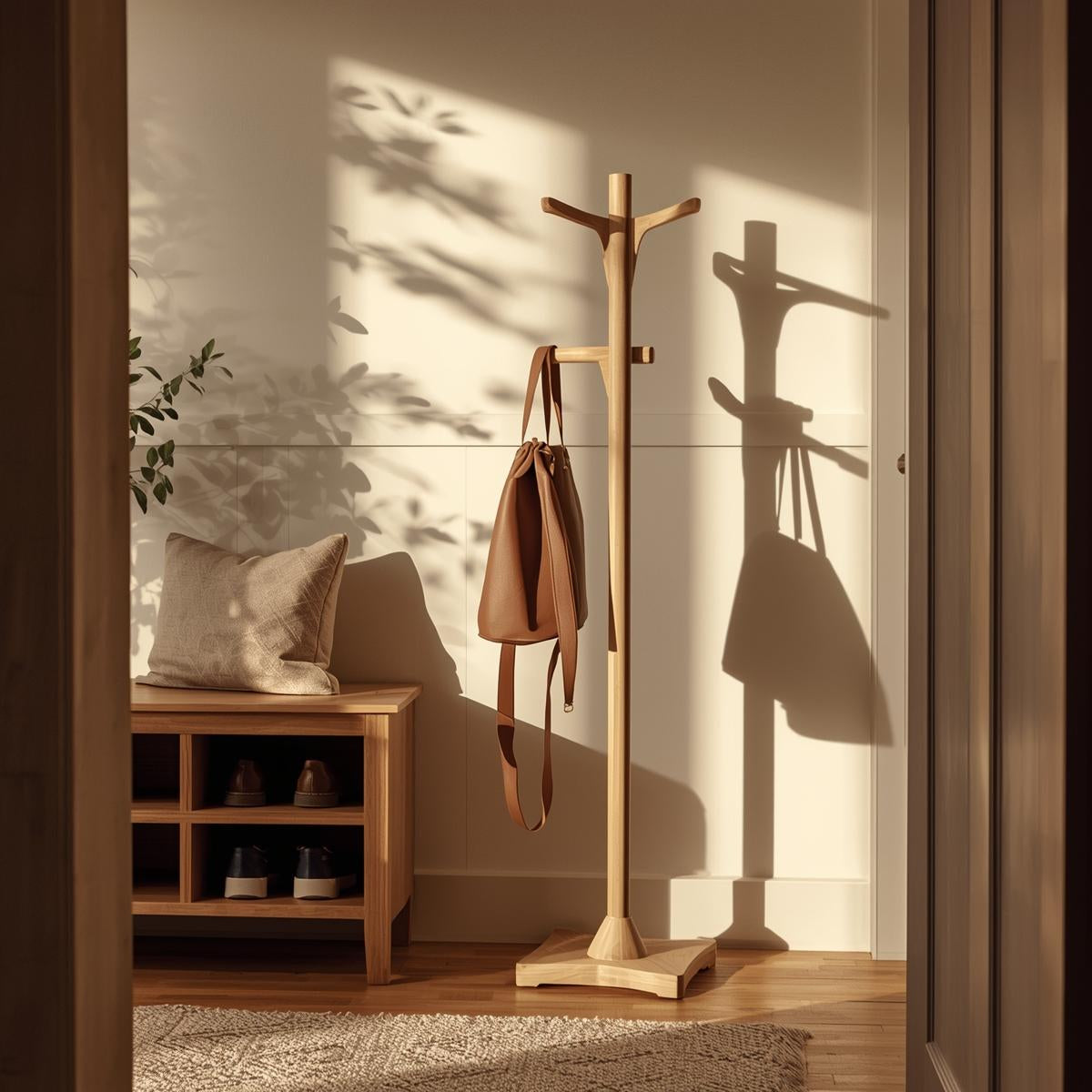 Minimal wooden bag stand holding handbags beside an entryway bench in a sunlit hallway.