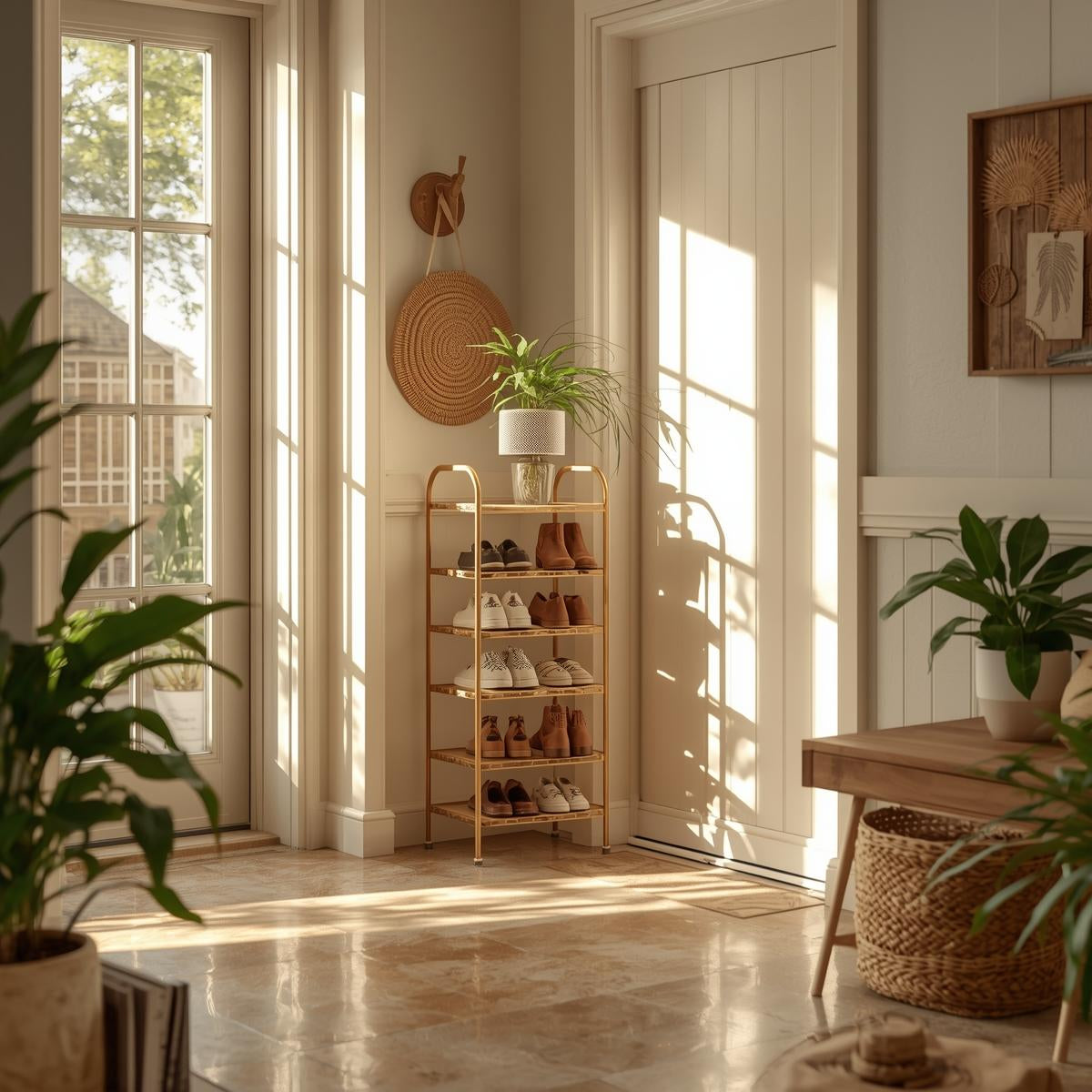 Stackable shoe rack organizing everyday shoes in a bright, sunlit American entryway near a glass front door.