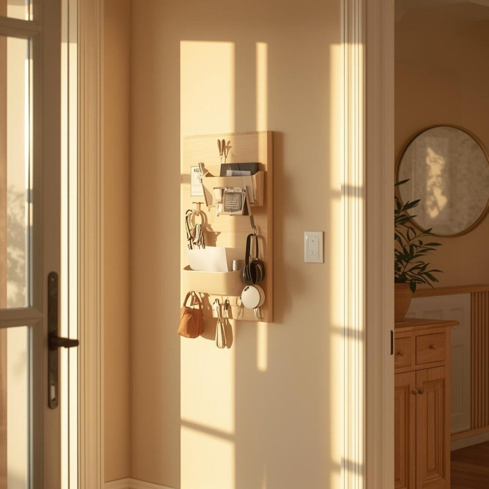 Wall-mounted key and mail holder in a sunlit entryway, organizing keys and incoming mail near the front door.
