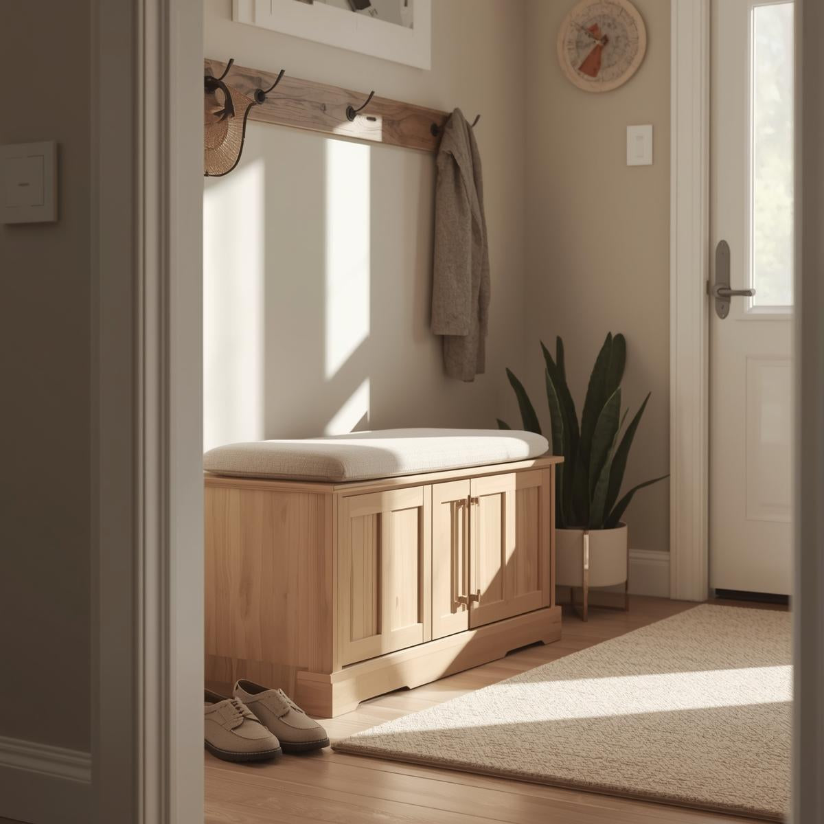 Wooden storage bench with a cushioned seat placed in a sunlit entryway, featuring closed cabinet storage for shoes and everyday items.