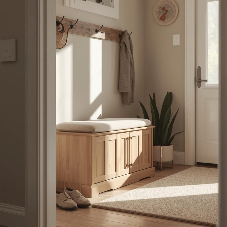 Wooden storage bench with a cushioned seat placed in a sunlit entryway, featuring closed cabinet storage for shoes and everyday items.