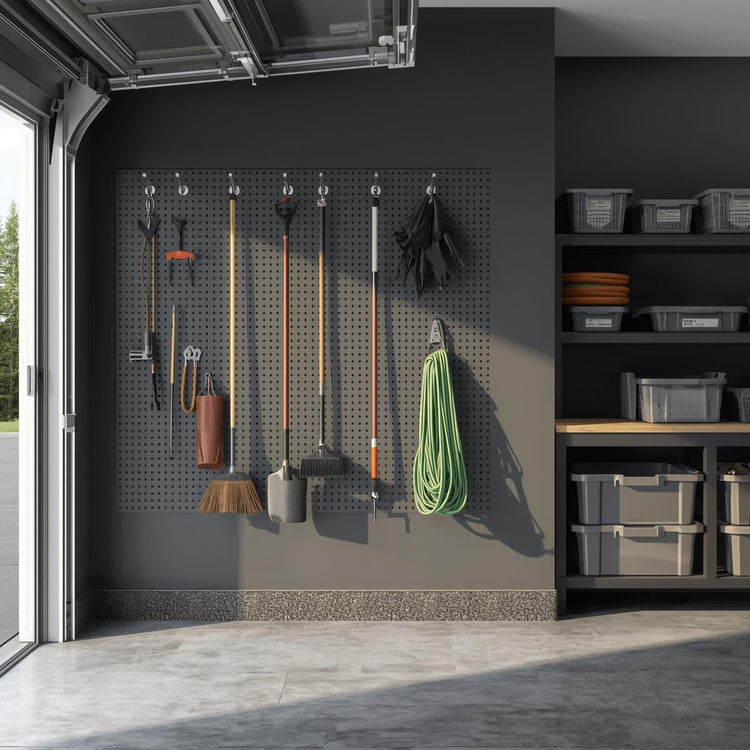 Wall-mounted hooks holding long-handled tools on a pegboard wall in an organized American garage space.