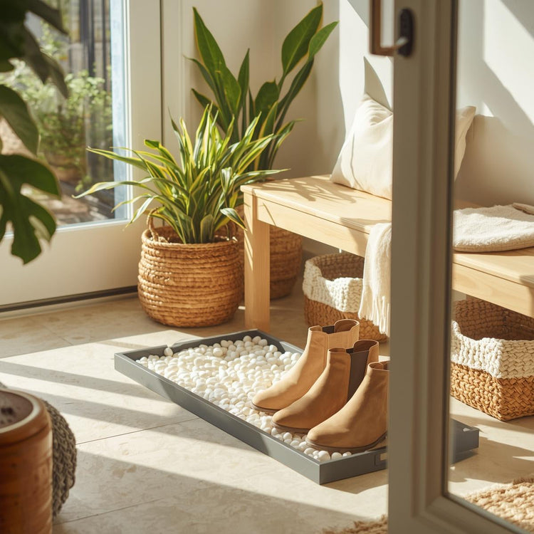 Boot tray with decorative pebbles holding everyday shoes in a sunlit, minimalist entryway.