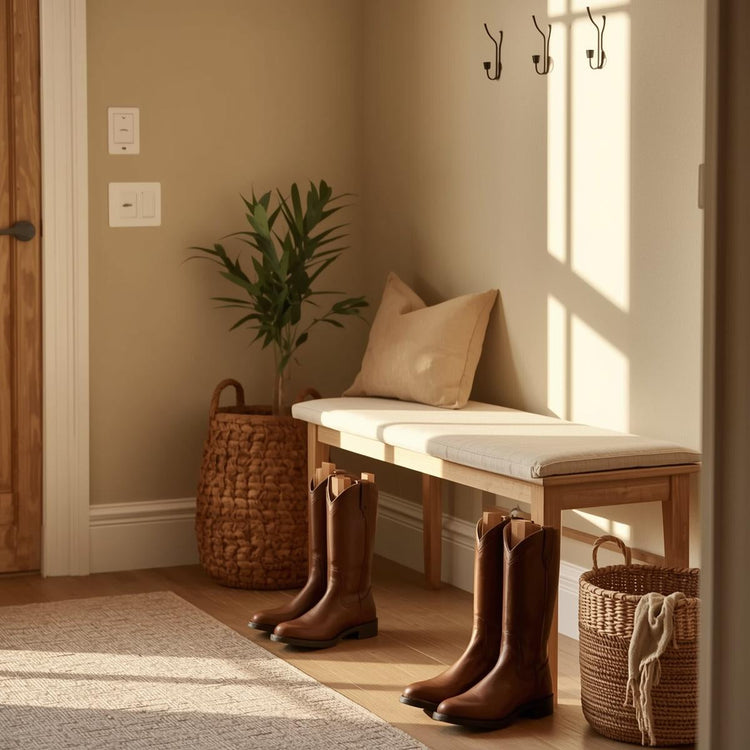 Wooden boot shapers inserted into tall boots arranged neatly in a bright, sunlit entryway with a bench and plants.