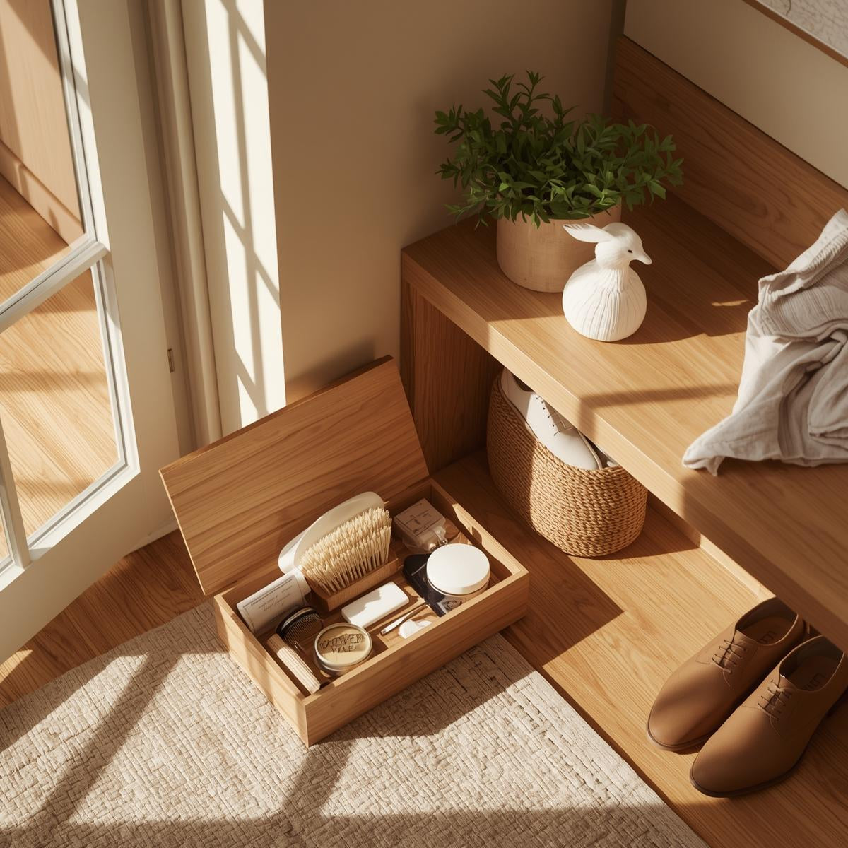 Organized shoe care kit with brushes and polish styled inside an entryway shoe cabinet under soft natural light.