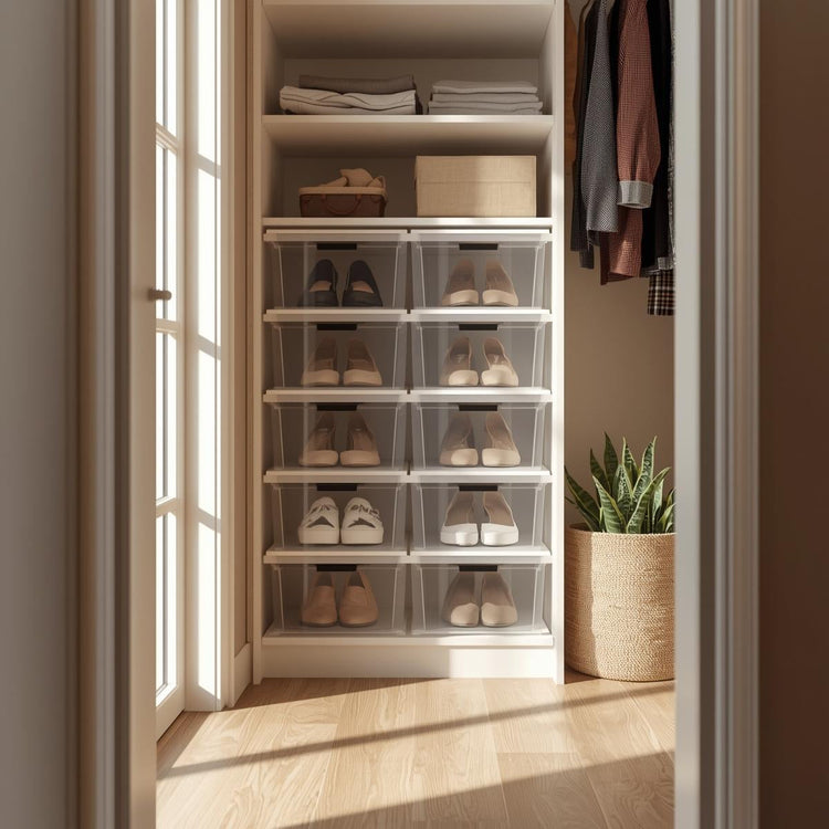 Clear shoe storage boxes stacked neatly inside a sunlit walk-in closet, displaying shoes in an organized and minimal dressing room setting.