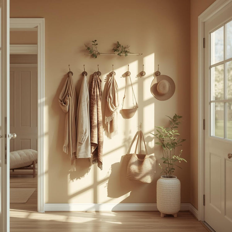 Decorative wall hooks mounted in a sunlit entryway, holding coats, hats, and scarves with several hooks left empty for display.