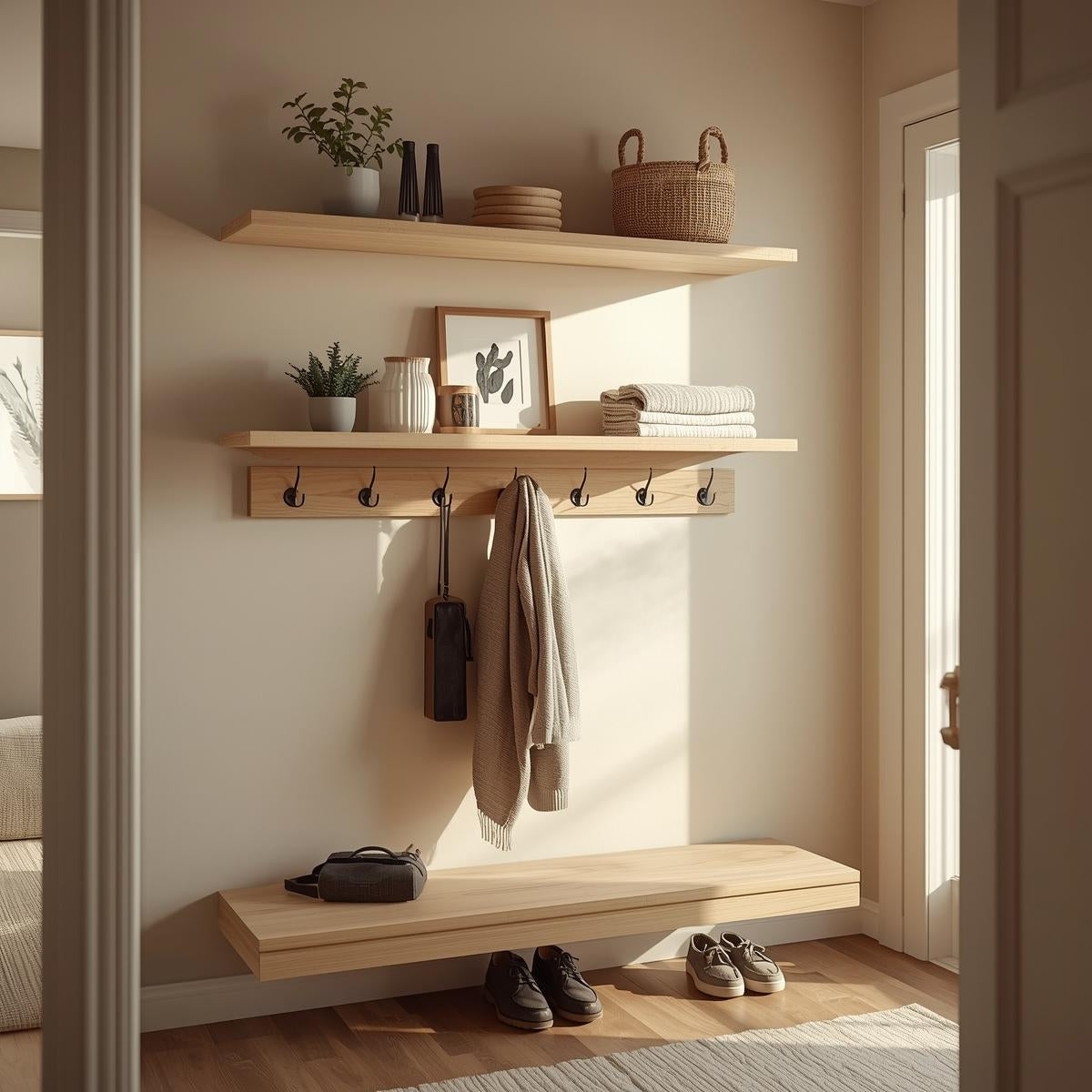Floating entryway shelves with built-in hooks holding coats, bags, and decor in a sunlit hallway.