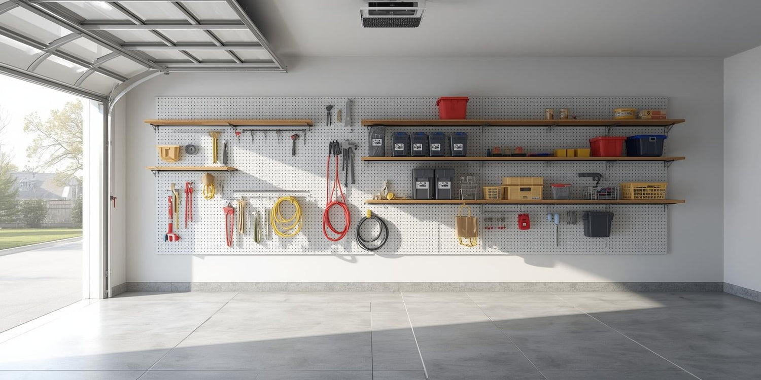 Bright residential garage with slatwall panel system featuring mounted shelves, hooks, wire baskets, and organized tools in a structured layout.