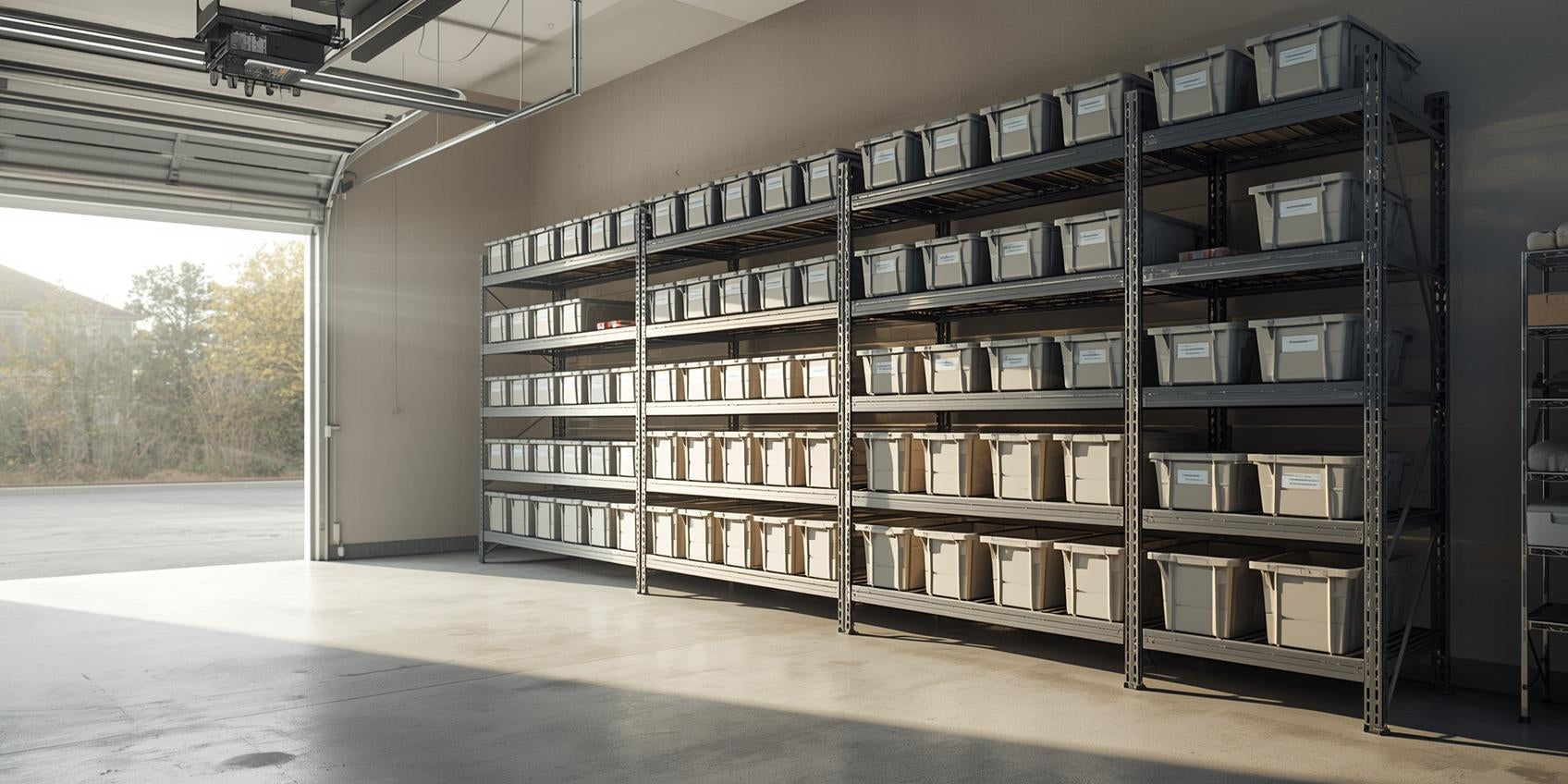 Bright residential garage with heavy-duty shelving unit and neatly stacked storage bins arranged in a structured vertical system.