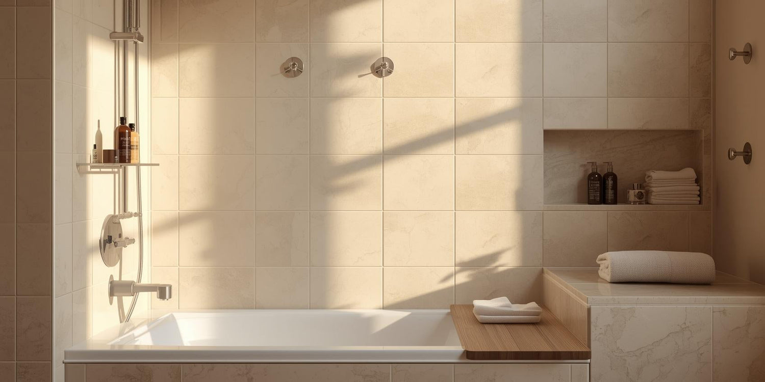 Sunlit bathroom shower and bathtub area with organized shower caddy, corner shelf, suction hooks, and a neatly arranged bathtub tray.