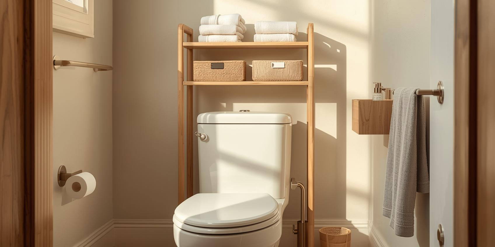 Sunlit bathroom toilet area with over-the-toilet storage rack, toilet paper holder, and slim side organizer arranged in a structured setup.