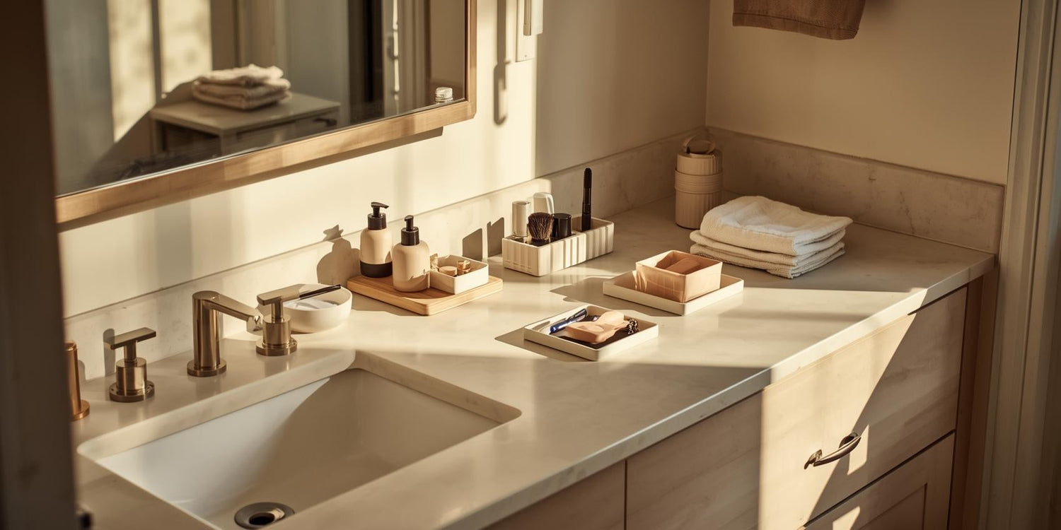 Sunlit bathroom vanity countertop with toothbrush holder, soap dispenser, makeup organizers, and neatly arranged daily care essentials.