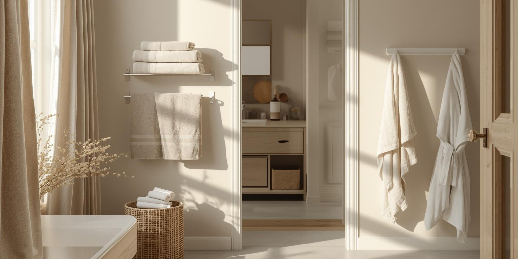 Sunlit bathroom with wall-mounted towel racks, woven towel baskets, and over-the-door hooks neatly organizing bath linens.