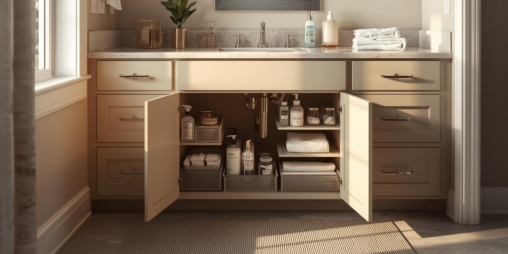 Sunlit bathroom under-sink cabinet with organized storage bins holding toiletries and personal care products in a structured setup.