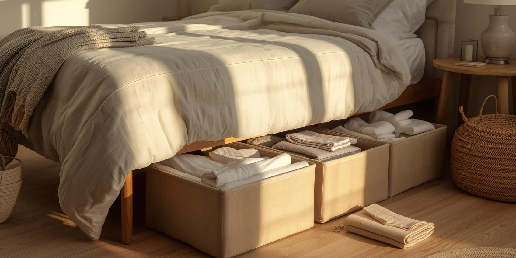 Sunlit bedroom with under-bed storage bins and zippered blanket bags neatly organizing off-season clothing and bedding beneath a neutral-toned bed.