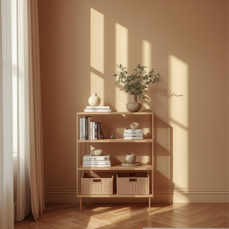 Minimal freestanding decorative shelving unit styled with books and plants in a sunlit living room.