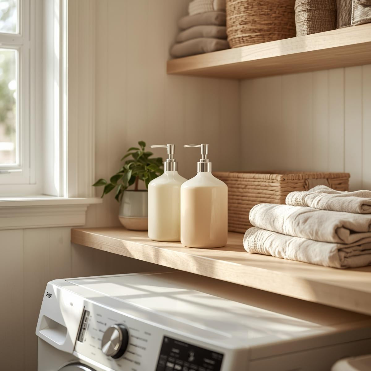 Minimal laundry detergent dispensers placed on a wooden shelf above a washer in a sunlit laundry room.
