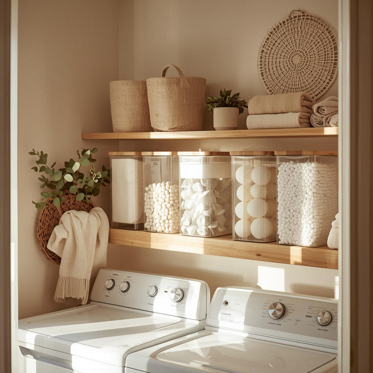 Clear laundry detergent containers with bamboo lids arranged on open shelves in a sunlit laundry room.
