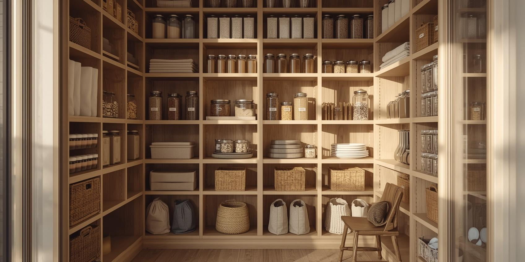 Sunlit walk-in pantry with clear food containers, labeled spice jars, stackable storage bins, and shelf risers neatly arranged on wooden shelves.
