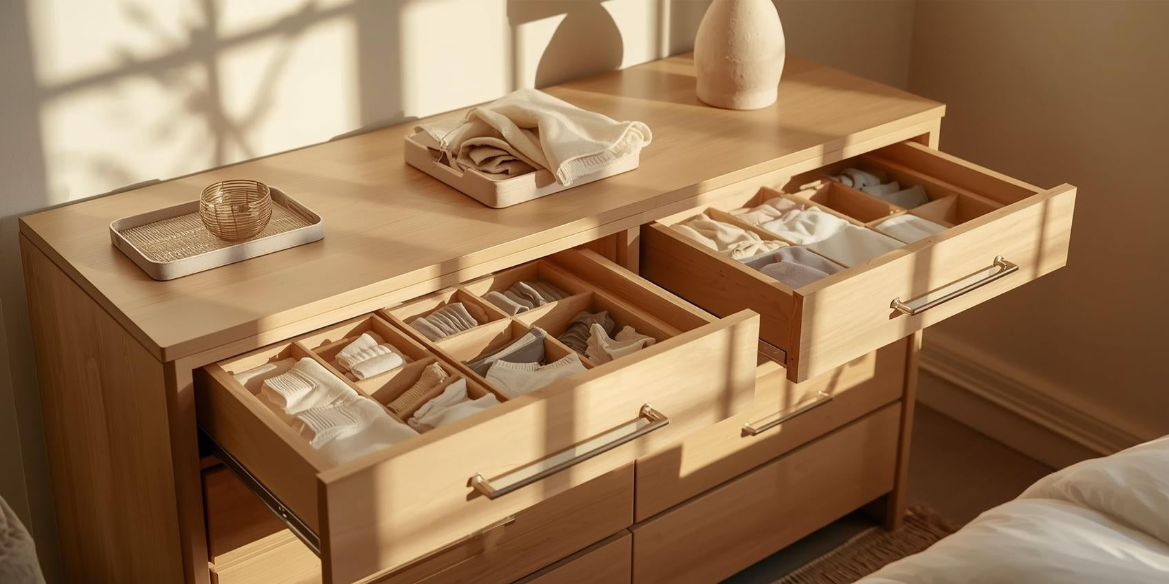 Sunlit bedroom dresser with open drawers showing neatly folded underwear and socks organized with structured drawer dividers.